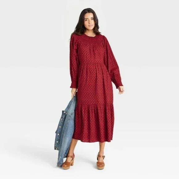 Universal Thread Womens M Red Tiered Dress Balloon Long Sleeve Smocked Neck Maxi - Picture 3 of 10